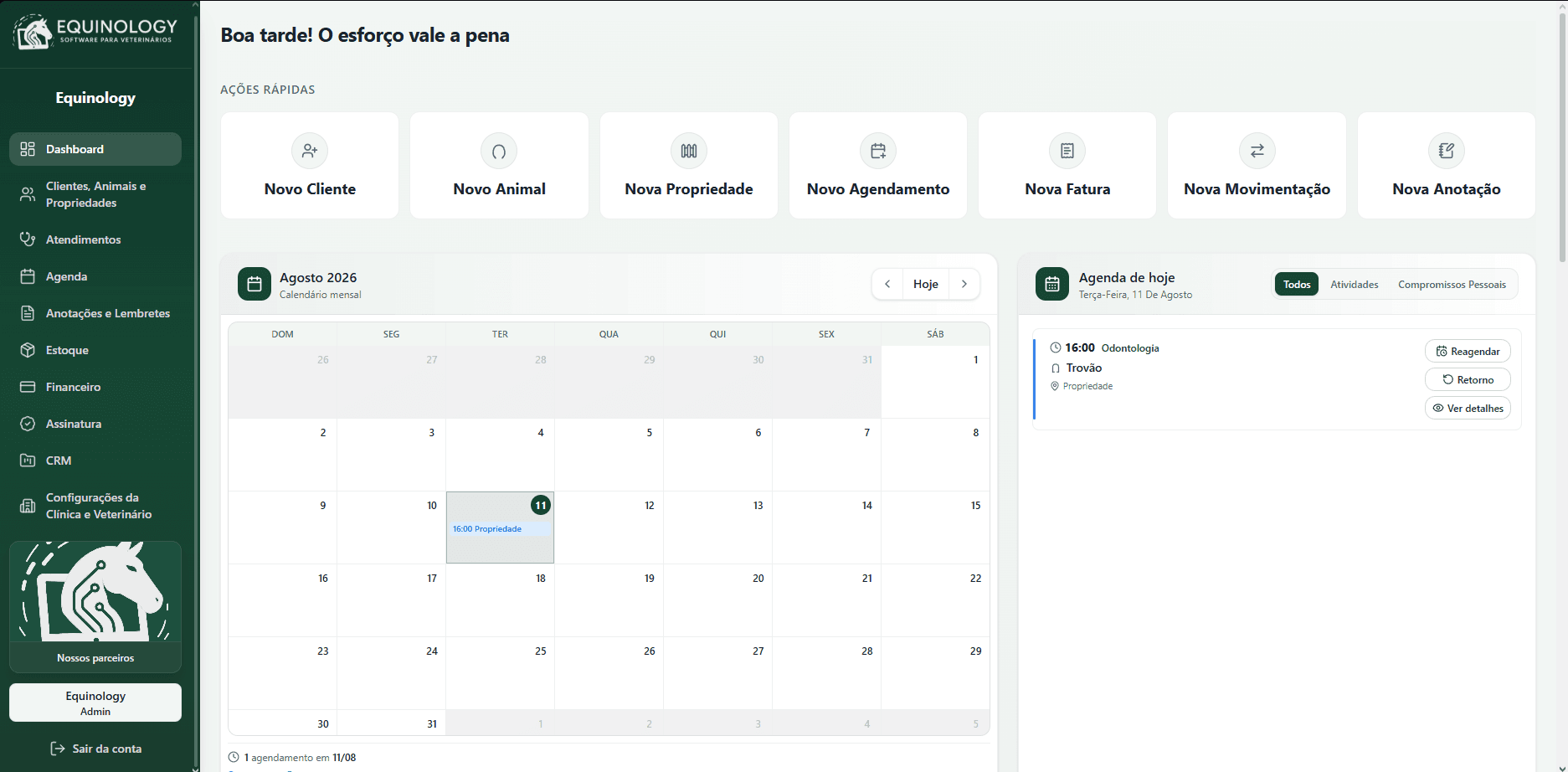 Dashboard do Equinology: ações rápidas, calendário mensal e agenda do dia com atendimento de odontologia